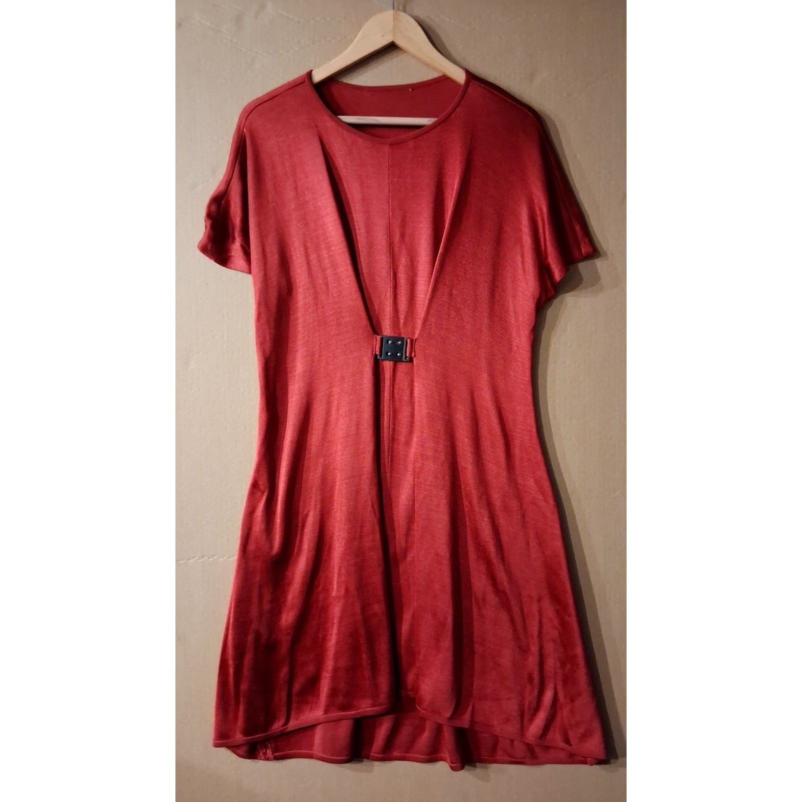 Misook Stretch Knit Midi Dress L Red Short Sleeve Scoop Neck Nwot $249